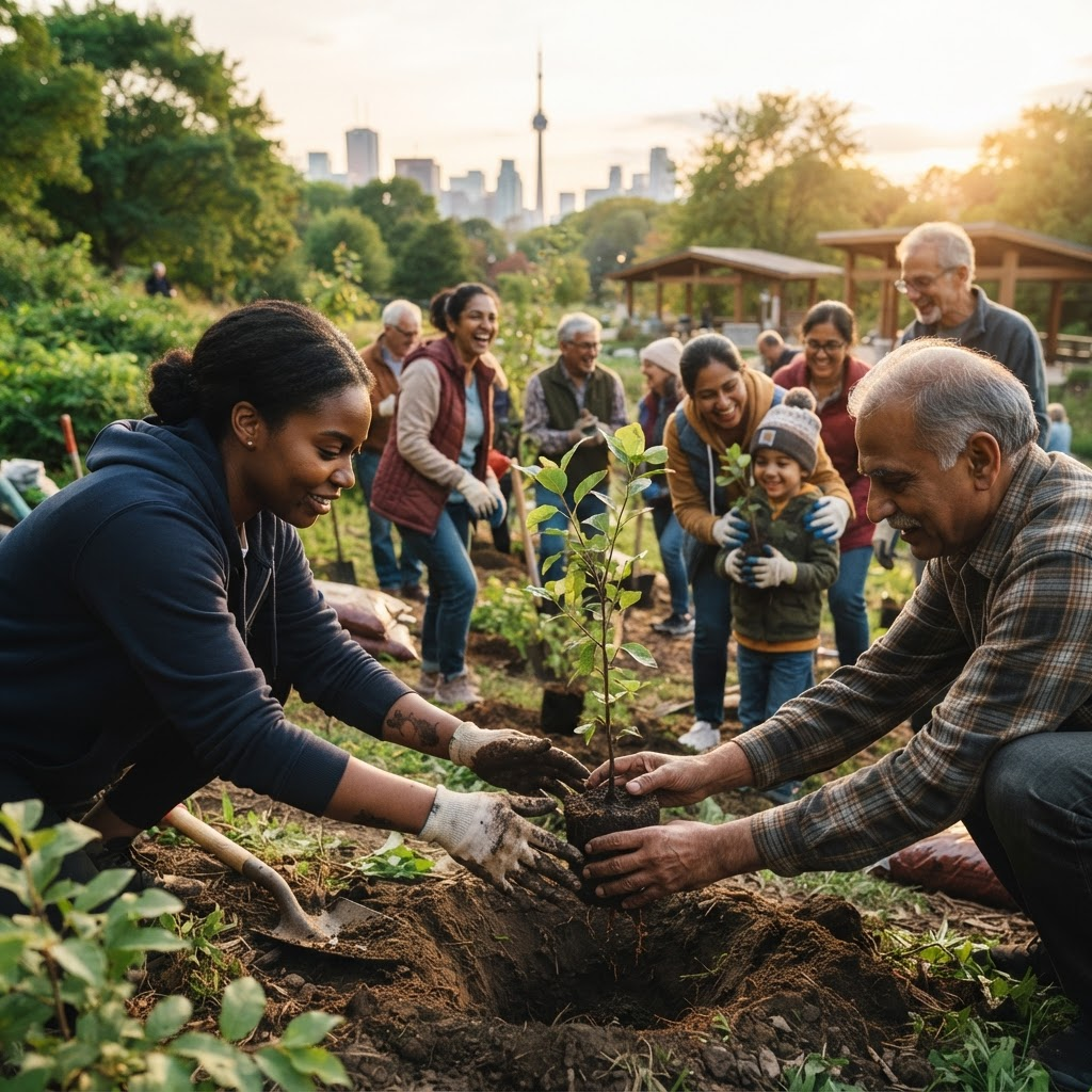 Volunteers planting trees together in a Toronto community park